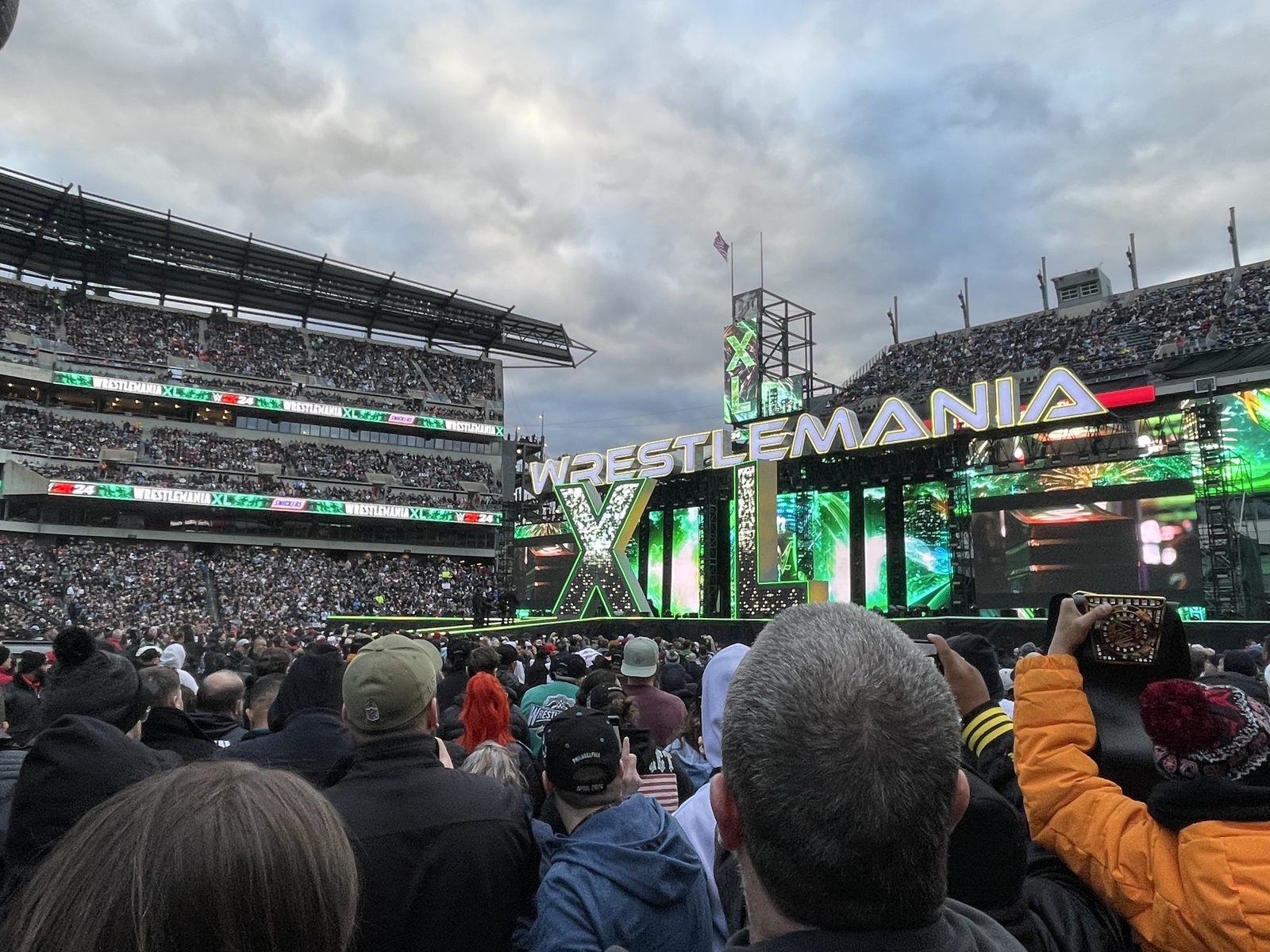 The WrestleMania XL stage at Lincoln Financial Field, seen from the stand in daylight before Night 1